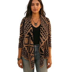 Bar III Small Black Brown Open Front Drape Cardigan Sweater Aztec Southwestern